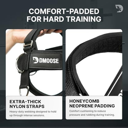DMoose Fitness Neck Harness for Weight Lifting - Soft Padded Head & Chin Strap with 30" Heavy Duty Steel Chain - Neck Exerciser, Trainer & Strengthener to Support Injury Recovery and Intense Workouts - color: Black Plus