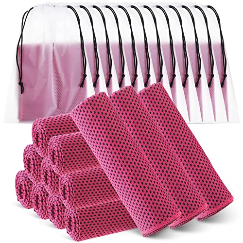 Hosuly 12 Pcs Cooling Towels for Face and Neck 12 x 40 Inch Workout Towels for Gym Fast Drying Hot Weather Sweat Rag Cold Cooling Cloth with 12 Bags Athletes Sport Yoga Golf(Rose Red) - color: Rose Red