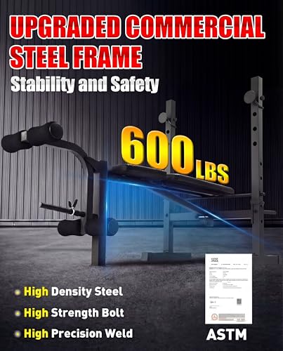 OPPSDECOR Standard Weight Bench Set with Squat Rack, 600LBS Adjustable Bench Press Set with Leg Extension and Leg Curl, Foldable Flat Incline Decline Workout Bench for Home Gym Full Body Training