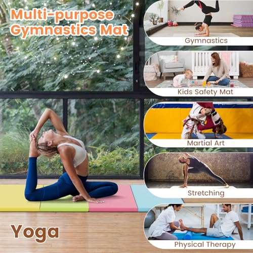 GYMAX Gymnastics Mat, 5-Panel Folding Tumbling Mat with Carrying Handles, 4-Side Hook & Loop Fasteners, Waterproof PU Cover, Exercise Mat for Home, Gym, Yoga, Stretching - color: Pastel