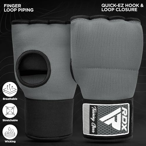 RDX Gel Boxing Hand Wraps Inner Gloves Men Women, Quick 100cm Long Wrist Straps, Elasticated Padded Fist Under Mitts Protection, Muay Thai MMA Kickboxing Martial Arts - color: Grey, size: Large