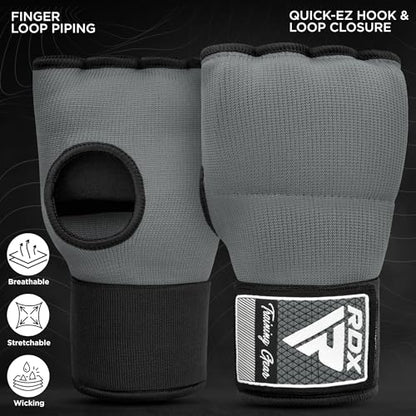 RDX Gel Boxing Hand Wraps Inner Gloves Men Women, Quick 100cm Long Wrist Straps, Elasticated Padded Fist Under Mitts Protection, Muay Thai MMA Kickboxing Martial Arts - color: Grey, size: Medium