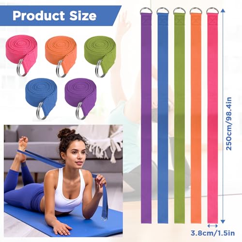 10 Pcs Yoga Strap for Stretching Bulk 8 Ft Cotton Polyester Stretch Band with Metal D Ring Adjustable Non Elastic Yoga Stretching Strap Bulk for Pilates Dance Gym Workout Physical Therapy (Multicolor)
