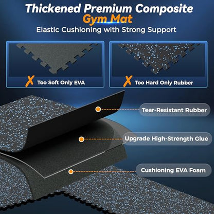 SUPERJARE 1" Extra-Thick Rubber Top Exercise Mat, Puzzle Gym Flooring for Home Gym, Gym Mat for Workout Equipment, Interlocking Floor Tiles with EVA Foam, 12 Pcs 48 Sq Ft, Black/Blue - size: 12 Tiles (48 Sq Ft)