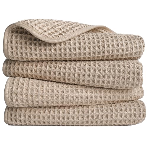 POLYTE 430 GSM Poly Blend Microfiber Quick Dry Waffle Hand Towel, 16x30 in - color: Beige