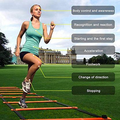 TOCO FREIDO Speed&Agility Training Set – 20ft Agility Ladder Set with 12 Rungs, 4 Adjustable Training Hurdle, 12 Disc Cones, 2 Resistance Bands, 1 Running Parachute and Footwork Drills Equipment
