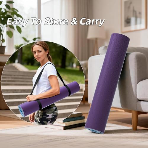 HAHE Extra Thick Yoga Mat, 72"Lx32"Wx0.4"Th (10mm), Wide Non-slip Exercise Mats with Carry Strap, Double-Sided POE Fitness Mat for Yoga, Pilates & Floor Workouts - color: Purple+Sky Blue