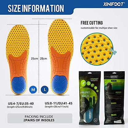 XINIFOOT 2 Pairs Professional Plantar Fasciitis Shoe Insoles Running Insoles High Elastic Cushioning Inserts for Foot Relief, Shock Absorption Breathable Sports Feet Insoles for Men