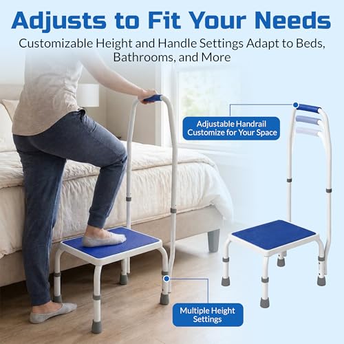 Platinum Health AdjustaStep(tm) Deluxe Step Stool/Footstool with Handle/Handrail, Height Adjustable. Modern White/Blue Design. Padded Non-Slip Handle. 300 lb. Capacity - size: 300 lb. Capacity - 1 Step