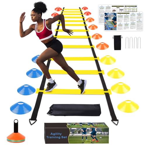 Soccer Speed Agility Training Set - 20FT Agility Ladder 12/16 Sports Cones and Soccer Kick Trainer Football Training Equipment Footwork Drills for Youth and Adults - color: Yellow, style: Agility Ladder+Cones