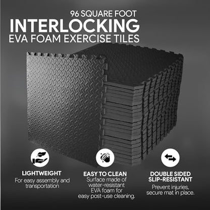 BalanceFrom 2-Pack 24-Count 24x24x0.75 Inch EVA Interlocking Foam Exercise Tile Mat, Black – Non-Slip Puzzle Flooring for Home Gym, Fitness Studio, or Playroom