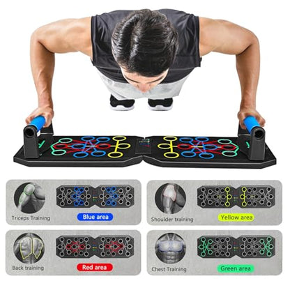Push Up Board Fitness, BESUNTEK Foldable Multi-Function Exercise Board with Elastic Cord for Total Body Workouts, Portable Push Up Board for Floor