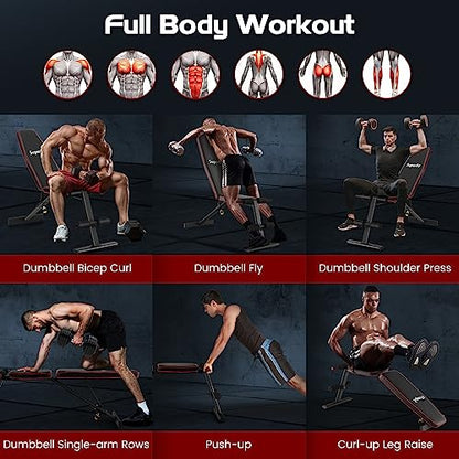 GYMAX Weight Bench, Adjustable Bench Press with 8 Back Positions & 3 Foot Positions, Padded Back & Seat Cushions, Incline/Decline/Flat Workout Bench for Weight Lifting Strength Training Home Gym