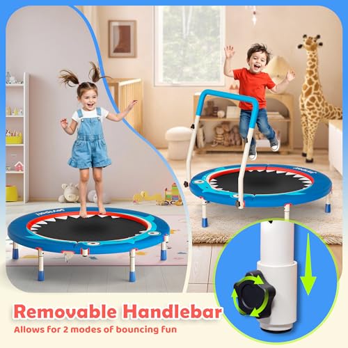 Premium 3FT Foldable Toddler Trampoline for Kids Ages 3-6, 36 Inch ASTM Certified Mini Trampoline with Adjustable Handle, 100 lbs Capacity, Quiet Elastic Bands, Safe for Indoor Outdoor Use - style: Shark