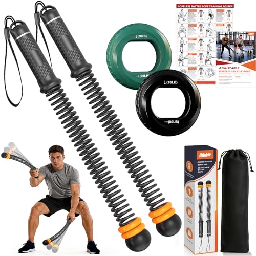 2PCS Weighted Ropeless Battle Ropes for Home Gym, Heavy Duty Portable Cordless Battle Rope with 2 Grip Strengtheners & Poster, Quiet Battle Rope Sticks for HIIT, Strength & Cardio Men & Women