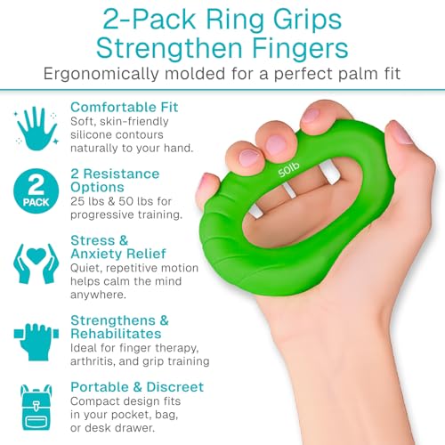 Vive Hand Strengthener Grip Ring - Forearm Ring Hand Exercisers - Silicone Squeezer Gripper for Muscle Strengthening Training Tool - Arthritis Finger Physical Therapy PT Kit Trainer (Textured 2 Pack)