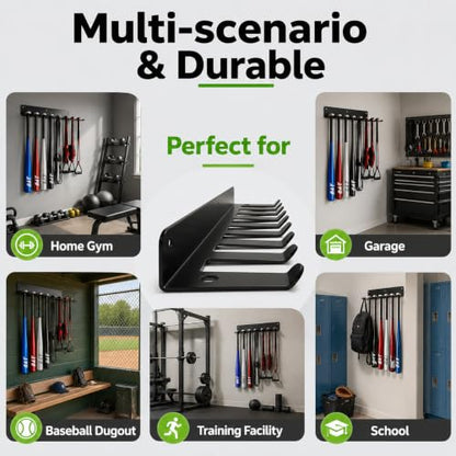 3MM Steel Baseball Bat Rack Wall Mount, 9-Prong Gym Storage Holder