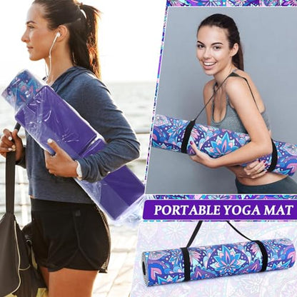Tinideya 3 Pcs Yoga Mat Yoga Block 6 MM Thick Yogas Mat Non Slip with Carrying Strap Travel Mats for Exercise, Fitness, Pilates, Floor Workouts