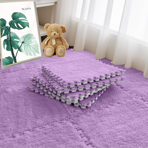 16pcs 0.6" Thickened Interlocking Tile Mats,Fluffy Shaggy Soft EVA Foam Area Rug for Living Room & Bedroom,Non-Slip Protective Floor Carpet Play Mat Kids Baby Dorm Home Decor (11.8ft, Purple) - color: Purple