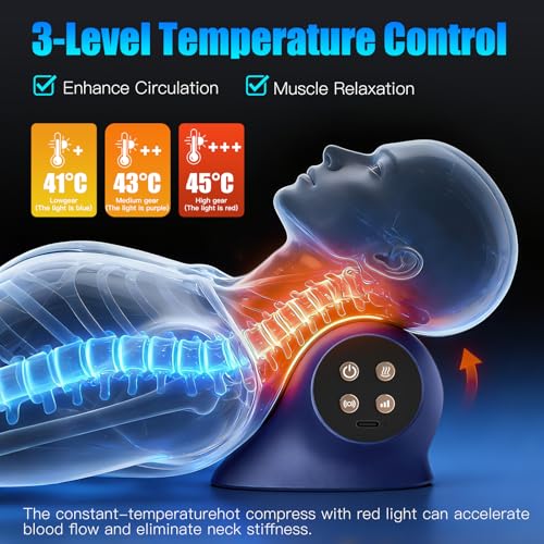Neck Massager with Heat, Red Light & Vibration Adjustable, Heated Neck Stretcher with 3 Modes, Rechargeable Cervical Traction Device for Pain Relief & Muscle Relaxation, Gift for Women Men