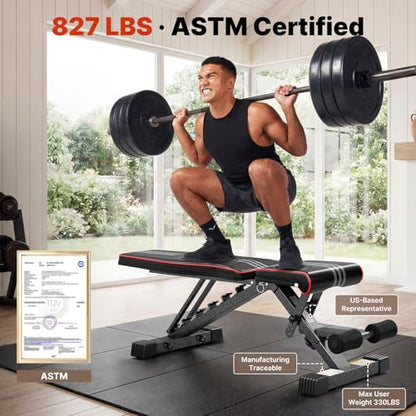 YOLEO Adjustable Weight Bench for Home Gym, ASTM-Certified 827LBS, 98% Pre-Assembled, Foldable Gym Bench with 84 Positions Incline Decline Flat, Wider Seat