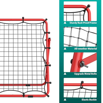 LIANTRAL Baseball Rebounder Net, Adjustable Bounce Back Trainer for Soccer, Volleyball, Softball, Portable Folding Rebounder for Passing & Shooting Practice, Volleyball Rebound Net for Kids, Red