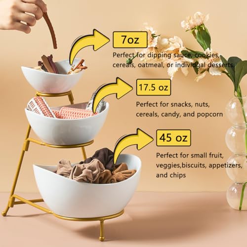 LYEOBOH 3 Tier Serving Bowls Set, Porcelain Oval Bowls with Stand for Party - color: Gold, style: Oval bowls