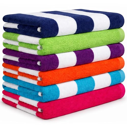 Beach Towels 6 Pack Large 30x60-100% Cotton Beach & Pool Towels Bulk Cabana Stripe - Quick Dry Bath Towel Set for Swim, Beach Essentials, Bathroom, Hot Tub, Yoga, Hotel & Airbnb Guests - color: Green, Purple, Turquoise, Orange, Royal Blue, Pink