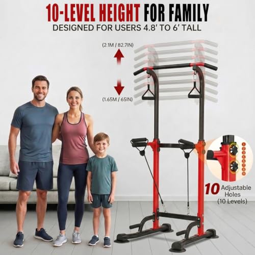 Power Tower Pull Up Bar,Pull-Up Rack Dip Station,Height Adjustable Multi-functional Home Strength Training Gym Equipment, Save Space,People Below 6 feet - color: Red