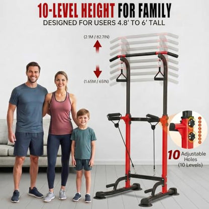 Power Tower Pull Up Bar,Pull-Up Rack Dip Station,Height Adjustable Multi-functional Home Strength Training Gym Equipment, Save Space,People Below 6 feet - color: Red
