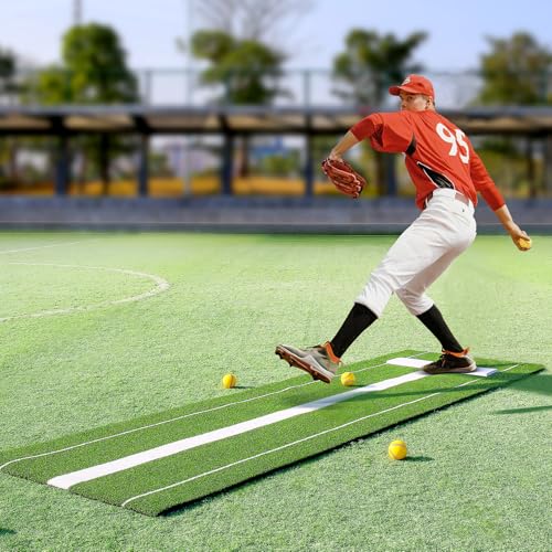 VEVOR 10x3ft Softball/Baseball Pitching Mat with Rubber Mound - Anti-Fade Turf & Anti-Slip Foam Backing, Portable Fastpitch Training Aid for Indoor/Outdoor Practice (Red/Green)