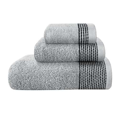 Ultra Soft 3 Pack Cotton Towel Set, Contains a Bath Towel 28x55 inch, a Hand Towel 16x24 inch & a Wash Coth 12x12 inch, Ideal Everyday use, Compact & Lightweight -Light Grey