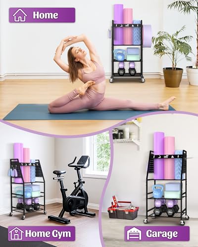 Mythinglogic Yoga Mat Storage Racks,Home Gym Storage Rack for Dumbbells Kettlebells Foam Roller, Yoga Strap and Resistance Bands, Workout Equipment Storage Organizer With Hooks and Wheels