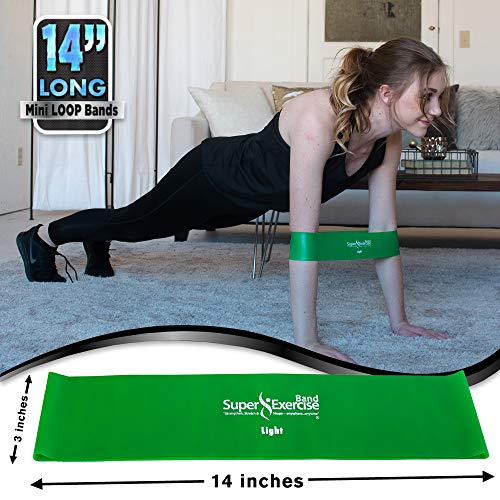 USA 14" x 3" Extra Long Latex Free Mini Loop Bands in 3, 5, 10 Pack Sets. 10 Strengths for Resistance Training, Stretching, Yoga, Toning. Plus an Exclusive iPhone App and E-Book. - color: g. Green LIGHT Loop Band 10 Pack