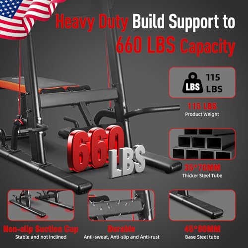 Multifunction Power Tower with Bench, Heavy Duty Pull Up Bar Dip Station for Home Gym Workout Strength Training Fitness Equipment