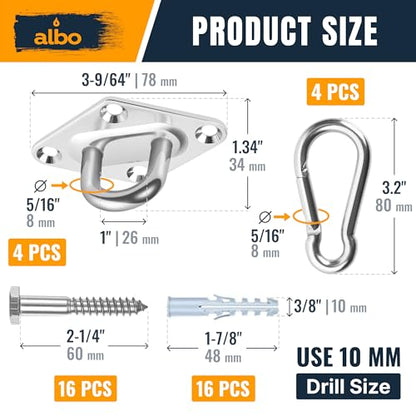 Albo Diamond Plate 2650lbs Swing Hangers 4 PCS - Heavy Duty Ceiling Mount Hooks with Snap Carabiners, 304 Stainless Steel for Wood & Concrete & Metal, Indoor Outdoor Anchor for Hammock, Yoga, TRX - size: Diamond 4pcs Silver