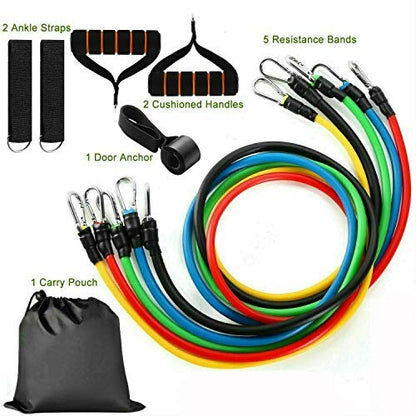 11 Pack Exercise Resistance Bands with Handles Exercise Stretch Fitness Home Set, With 5 Stackable Exercise Bands with Carry Bag, Handles, Legs Ankle Straps & Door Anchor, Automatic Counting Jump Rope