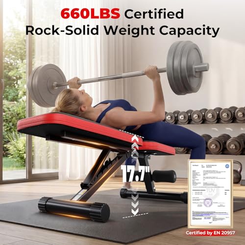 95% Pre-assemble Adjustable Weight Benches for Home Gym, 9 Backpad Positions Workout Bench, 660lb Compact Bench Press for Small Space(1Sec Fast Folding)