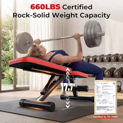 95% Pre-assemble Adjustable Weight Benches for Home Gym, 9 Backpad Positions Workout Bench, 660lb Compact Bench Press for Small Space(1Sec Fast Folding)