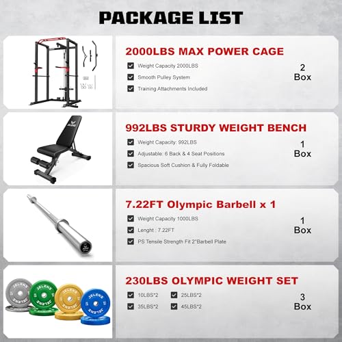 S11 Power Cage, 2000LB Multi-Function Power Rack with LAT Pulldown, Squat Rack with Adjustable Pulley System and Training Attachments, Weight Rack for Home Gym - style: 230LB Colored Weights Package