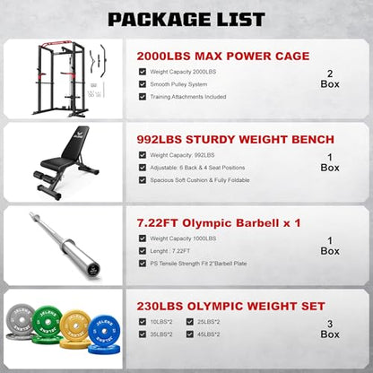 S11 Power Cage, 2000LB Multi-Function Power Rack with LAT Pulldown, Squat Rack with Adjustable Pulley System and Training Attachments, Weight Rack for Home Gym - style: 230LB Colored Weights Package