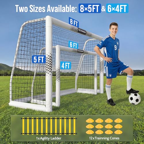 Soccer Goal for Backyard, 8x5/6x4 FT Heavy Duty Soccer Net with Safety Foam Padded Metal Post, Durable Goals with Training Set Agility Ladder & 12 Cones for Youth & Adults Practice - size: 8x5 FT