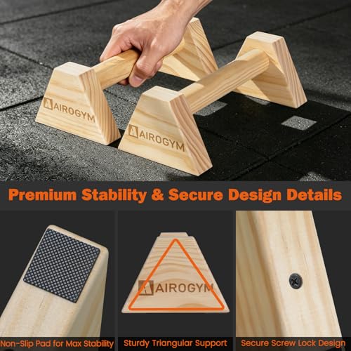 AIROGYM Wooden Parallettes, 2PCS Parallettes Bars, Non-Slip Calisthenics Bars Equipment, Solid Wood Push Up Bars Grip for Floor Strength Training, Home Gym Workout, Support 550 Lbs Handstand