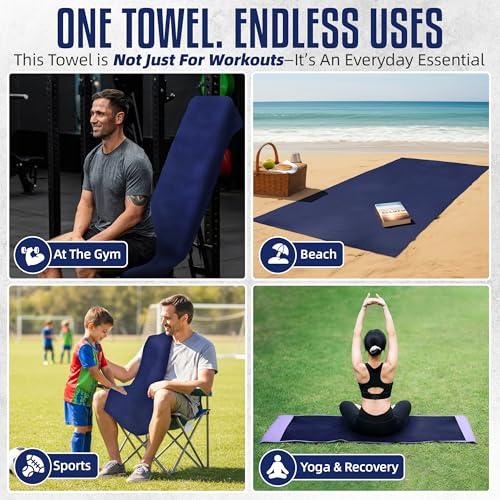 Hooded Microfiber Gym Towel – Highly Absorbent Car Seat Towel with Carry Bag – Double-Sided Sweat Towel, Reversible, Quick Dry & Sand-Resistant Fabric, Navy Blue, 130 x 60cm