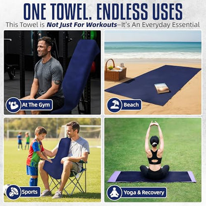 Hooded Microfiber Gym Towel – Highly Absorbent Car Seat Towel with Carry Bag – Double-Sided Sweat Towel, Reversible, Quick Dry & Sand-Resistant Fabric, Navy Blue, 130 x 60cm