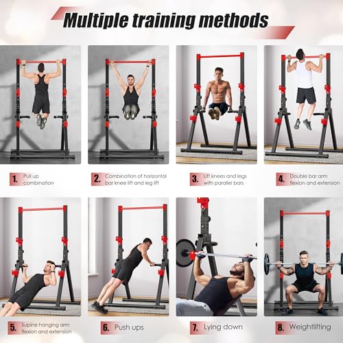 soges Foldable Power Tower, Pull Up Dip Station for Home Gym, 500 LBS Capacity Power Tower with Triangular Design, Adjustable Height Pull Up Bar for Full Body Workout - color: Red