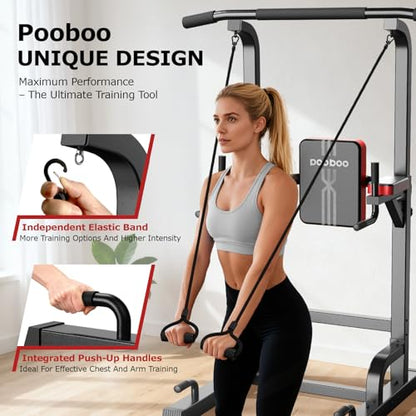 Pooboo Power Tower Dip Station Pull Up Bar for Fitness Home Gym Workout,450 Pounds Multi-Function Adjustable Height Fitness Strength Training Exercise Equipment,with Power Elastic Ropes - color: Black Red-02