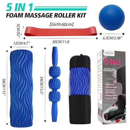 Krightlink 5-in-1 Foam Roller Set, Massage Roller Stick, Massage Ball, Resistance Band for Deep Muscle Massage, Trigger Point Release, Pilates, Yoga (Blue-Wave) - color: Blue-wave(5 in 1)