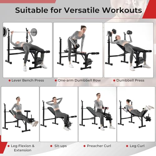 GYMAX Adjustable Weight Bench, Foldable Weight Bench with Squat Racks, Leg Extension & Leg Curl, Strength Training Workout Bench Press, Olympic Weight Lifting Bench Set for Home Gym
