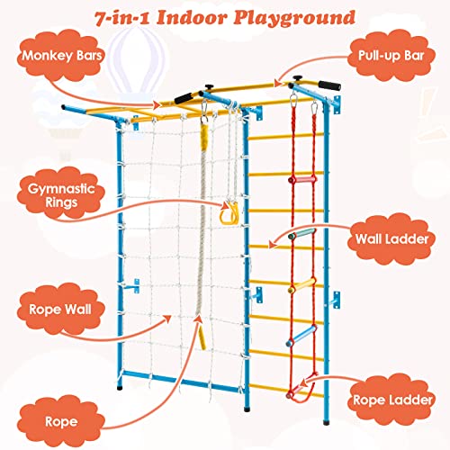 GLACER 7-in-1 Indoor Adventure Playground with Steel Frame, Monkey Bars & Gym Rings for Kids Aged 3+, Solid Wall Set up - style: 7 In 1